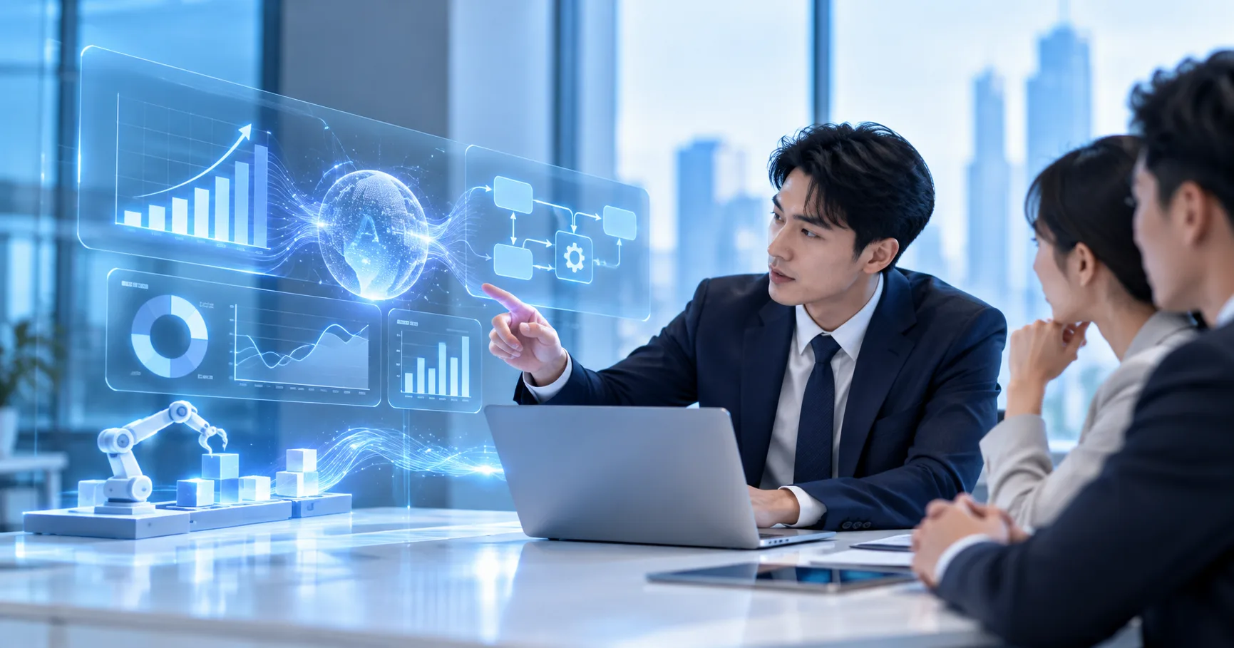 顧問在會議中指向 AI 數據分析與流程自動化的全息圖表