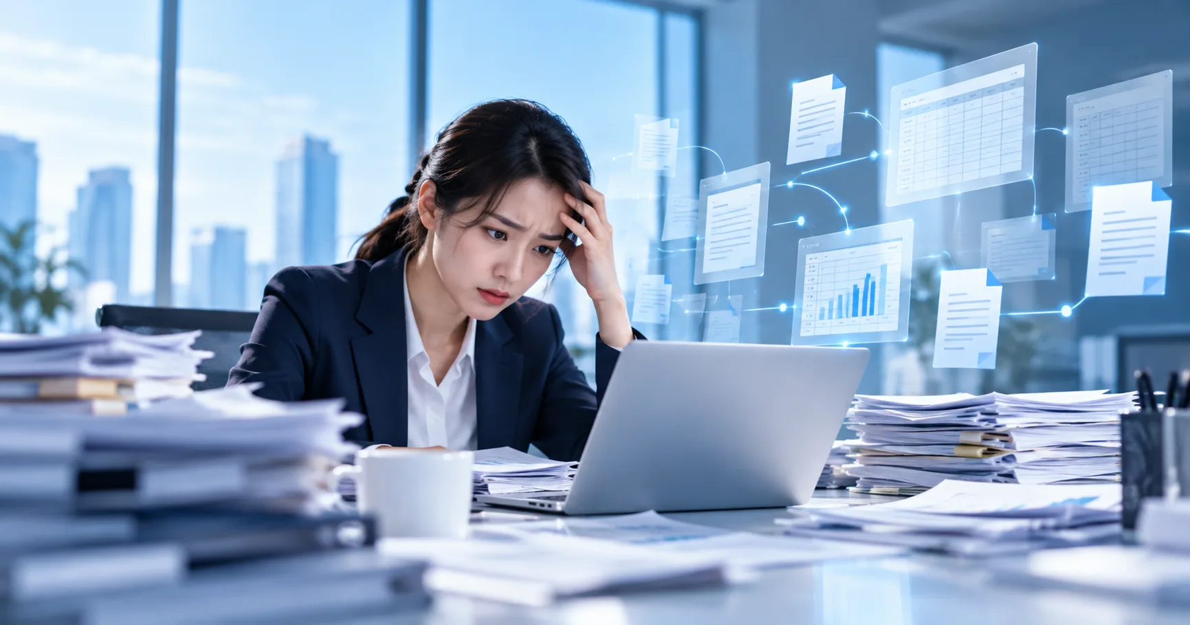 上班族面對成堆文件與散落各處的數位報表,扶額苦惱