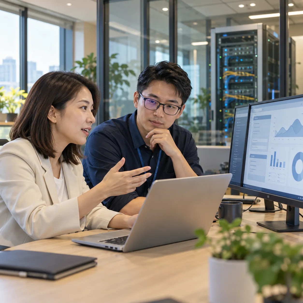 企業人員與資訊顧問討論 AI 系統開發,背景為支援應用服務的網路與伺服器設備